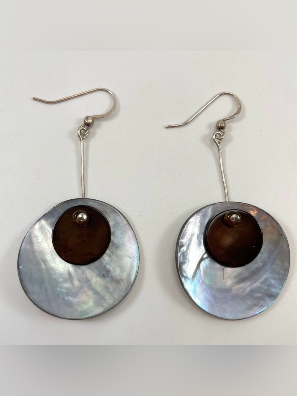 925 Sterling Silver Abalone Pearl Shell Disc Dangle Earrings Boho Elegant